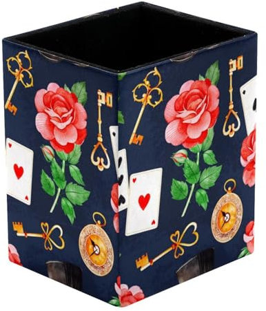 VAPOKF Stifthalter für den Schreibtisch, rote Rosen, goldene Schlüssel, Spielkarten, Drucke, Stifthalter, Stiftehalter, Make-up-Pinsel, Aufbewahrung, Schreibtischbedarf, Organizer für Zuhause und Büro