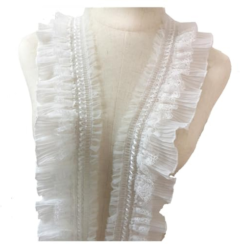 Wisafory 5 Yards Organza Spitzen-Borte Spitzenband Plissiert Spitzenbesatz Rüschenband Tüllbänder Rüschen Besatz Spitzenbänder Dekoband für Kleidung, Applikationen, Nähen, Basteln 9cm Weiß