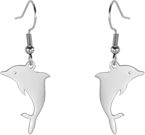 TEAMER Collier de dauphin Bague de dauphin en acier inoxydable pendentif dauphin sautant pendentif d'amour dauphin bijoux d'été Boho pour les femmes et les hommes (Boucles d'oreilles dauphin - Argent)