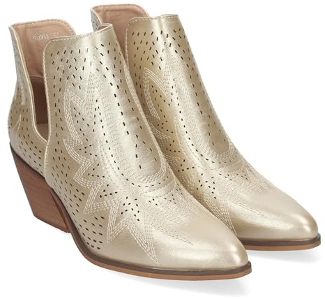 83874 Botines de Tacon Campero para Mujer Primavera Verano Elegantes y Comodos, Diseno Perforado con Estampado en la Pala, Cualquier ocasion. Oro Talla 38
