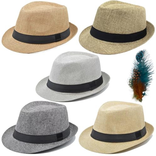 5 Pack Bulk Cuban Fedora Sun Hats Men with Adjustable Strap, Short Brim 1920s Unisex Party Costume Hats Women. (Polyester, D.Grey+L.Grey+Khaki+Beige+Cream Beige(Size:L-XL))
