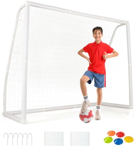 GOPLUS Fotbollsmål, 245 x 90 x 182 cm fotbollsmål utomhus med nötningsbeständigt nät och färgglada koner, väderbeständig fotbollsmål, utomhusmålvägg för fritid och träning, fotbollsmål för barn och