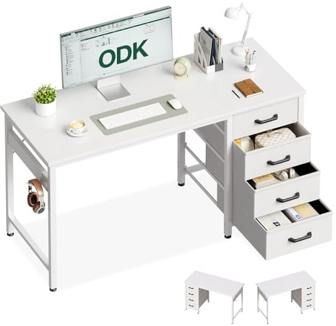 ODK Escritorio con 4 Cajones de Tela, 120x48cm Mesa Escritorio Ordenador Reversible con Gancho para Auriculares, Escritorio de Estudio para Oficinas Hogar y Puestos de Trabajo, Blanco
