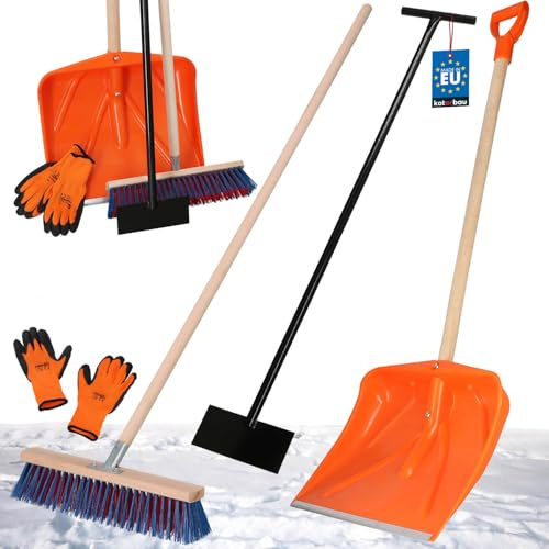 KOTARBAU® Set Schneeschaufel mit Holzstiel 136 cm Straßenbesen mit Stiel 43 cm Eisschaber 119 x 20 cm + Handschuhe Schneeschieber Schneeschaufel Holz Stiel zur Schneeräumung