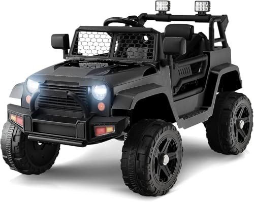 Kids Ride On Truck, 12V Electric Vehicle Car with Remote Control, Toddlers Battery Powered Toy with 2 Speeds, Spring Suspension, Double Open Doors, LED Lights, Music, TF, USB, Mp3 (Black)