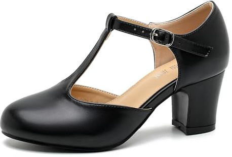 MAIERNISI JESSI Damen T-Riemen Mary Jane Pumps, 6,5 cm Blockabsatz, runder Zehenbereich, Schnallenverschluss, Schwarz matt, 39 EU