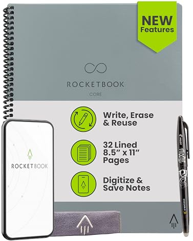 Rocketbook New Core wiederverwendbares Spiralnotizbuch, Briefgröße, 21,6 x 27,9 cm, Grau – linierte Seiten, App-verbunden, löschbar, langlebiger Einband, ideal für Schule, Arbeit und kreative Projekte