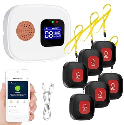Wireless Caregiver Seniors Pager Alarm, Personal Alarms for Elderly, WiFi Wireless Caregiver Pager Call Button, 6 * SOS Emergency Call Button + 1* Receiver, For Patient/Elderly/Disabled