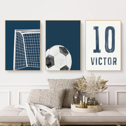 champracer 3er Fußball Poster Set, Bilder Kinderzimmer Junge, Fußball Leinwand Bilder Geschenk für Junge, Ohne Rahmen (40x50 cm, Blau)