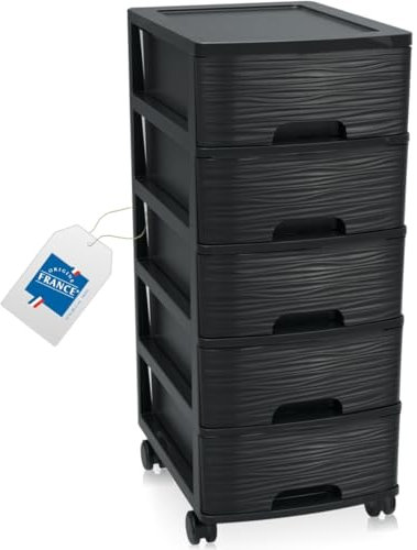 Schubladenschrank mit Rollen Rollcontainer mit 5 Schubladen Rollschrank aus Kunststoff Rollwagen (Schwarz)
