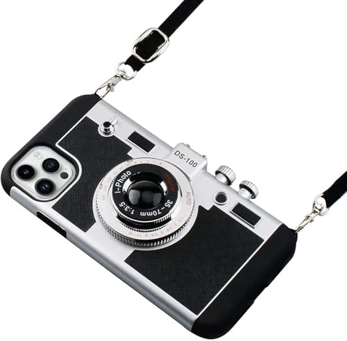 Camera Design phone case for iPhone 16 pro Vintage 3D Cute Silicone Cover with Removable Neck Strap, Camera Protection & Lanyard for Women Girls (Black)