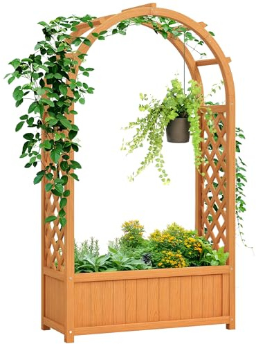 Outsunny Hochbeet Pflanzkasten mit Rankgitter, Gebogendach Spalier Pflanzkübel Holz, Gartenspalier 83x36x145cm für Garten Balkon Terrasse, Blumenkübel für Kletterpflanzen Korbpflanzen, Blumen