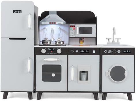 COSTWAY Kinderküche mit Zubehör, 3 in 1 Kinder Küche Holz mit Kühlschrank & Waschmaschine & Mikrowelle, inkl. Herd Spüle Ofen, Spielküche mit Licht und Sound für ab 3 Jahren (Braun)