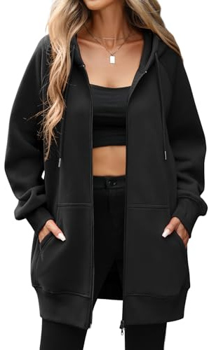 Vancavoo Sweatjacke Damen mit Kapuze Lange Fleecejacke Übergangsjacke | Kapuzenpullover Hoodie Jacke Frühling Herbst Kapuzenjacke, Zwei-Wege-Reißverschluss und Seitentaschen