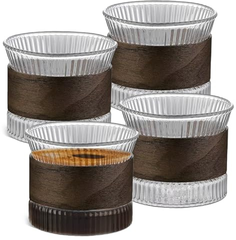 Set di 4 tazze da espresso in vetro - 150 ml Tazze da cappuccino con guscio in legno di noce, set di tazze da espresso, tazza da tè, set di tazze da moka per gli amanti del caffè