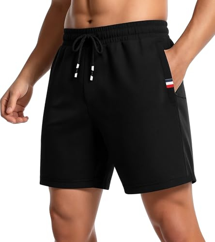 Holure Herr 1 eller 2-pack atletiska shorts i bomull, elastisk midja, träning, löparshorts, innersöm 23 cm med blixtlåsfickor, Svart, L