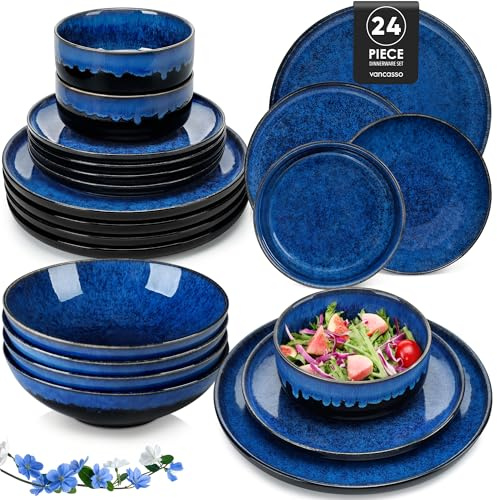 vancasso Dinner Sets for 6 People, Starry Reactive Glaze Blue Crockery Set, Ceramic Plates and Bowls Sets Include Large Dinner Plates, Dessert Plates, Cereal Bowls Set and Pasta Bowls
