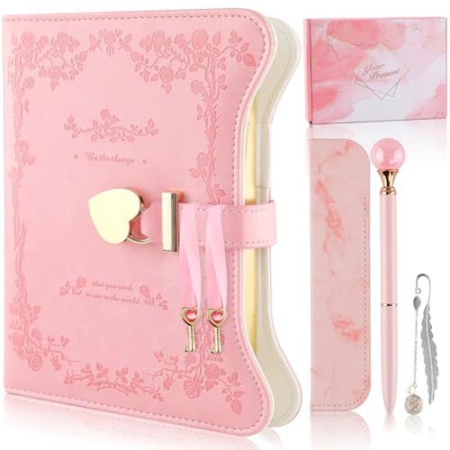 wokdsbl Journal intime avec serrure pour filles - Coffret cadeau journal secret avec serrure en forme de cœur et clé, stylo, marque-page, étui à stylo, carnet de 360 pages à bords dorés