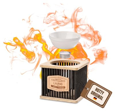 HOTTY – Chocolate Schokofondue Medium ohne Strom mit Teelichtern & Wunschgravur – Schoko Fondue Schale für Schokolade, Kuvertüre & Desserts – Chocofondue Warmhalte-Stövchen mit Holzdesign Lamellen