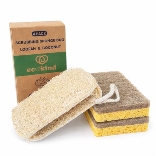 ECOKIND | 4 Pack Plant Based Scrubbing Sponge Duo | Eco Washing Up Sponges | Coconut Fibre and Loofah | Compostable Dish Sponge | Non-Scratch | Odor Resistant