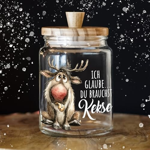 ilka parey wandtattoo-welt Keksglas Keksdose Vorratsglas Geschenkglas mit Rentier Reh Elch Hirsch und lustigem Spruch Ich glaube du brauchst Kekse und Holzdeckel Geburtstag Geschenk ksglb38