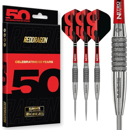 RED DRAGON DARTS - 50 år gamla klassiker - Element6 C - 25g - 90% Volfram - Professionellt stålspetsdartset - Inkluderar dartflygningar och dartstjälkar