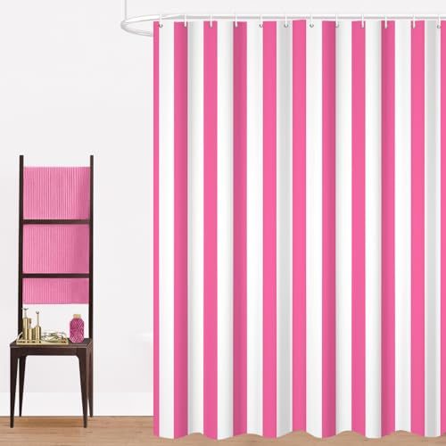 GCIREC Duschvorhang, 180x240cm, Rosa und Weiß Moderner Minimalismus Vertikale Streifen Wasserdichter Stoff Maschinenwaschbarer Badezimmervorhang mit Haken
