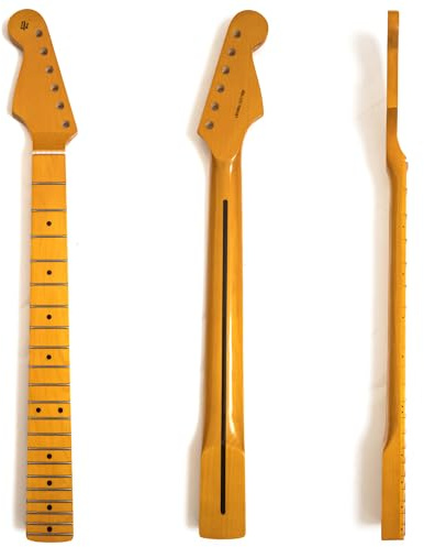 Premium Linkshänder Ahorn Gitarrenhals - kompatibel mit Fender ST/Lefty ST Style, 21 Medium Jumbo Bünde, 35,6 cm Radius, glänzendes gelbes Ahorn-Griffbrett, kanadischer Ahorn-Hals