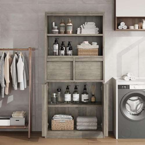 Niwugady Badezimmerschrank, Badschrank Hochschrank mit 2 Türen & 2 Offenen Fächern & 2 Offenen Ablagen, Platzsparender Badezimmer Hochschrank für Bad, Küche, Wohnzimmer, 60x30x130 cm, Grau