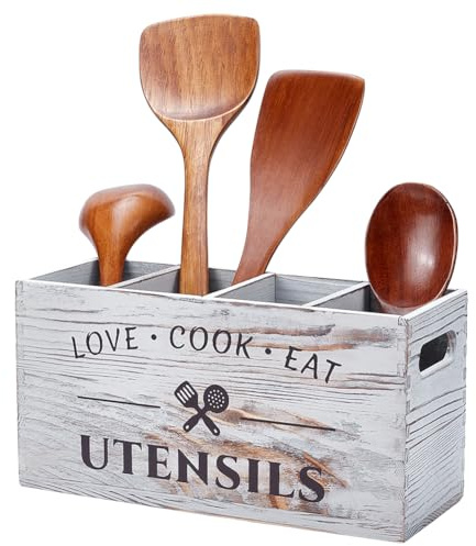 UNICRAFTALE Supporto per utensili da cucina per bancone o piano di lavoro, grande spazio per utensili in legno, con 3 scomparti portaoggetti bianco antico per cucina e posate, 30 x 11,6 x 15 cm