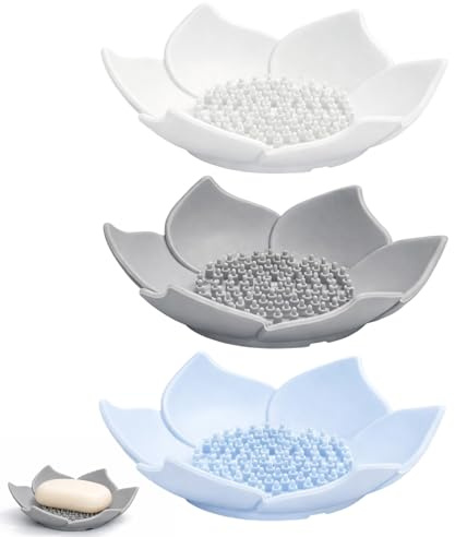 3 PCS Shower Steamer Holder Set, Silicone Soap Dish for Shower and Kitchen, Non-Slip Soap Tray with Drainage, Gray Blue White Color Combination for Bathroom Organization and Home Decor