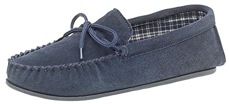 Mens Genuine suede leather Moccasins with hardwearing PVC sole Navy size 10