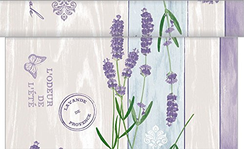 Sovie HOME Tischläufer Lavinia aus Linclass Airlaid, 40cm x 4,80m, 1 Stück, alle 30cm perforiert, Design Lavendel auf beige-grauem Hintergrund, festlich, dekorativ, elegant