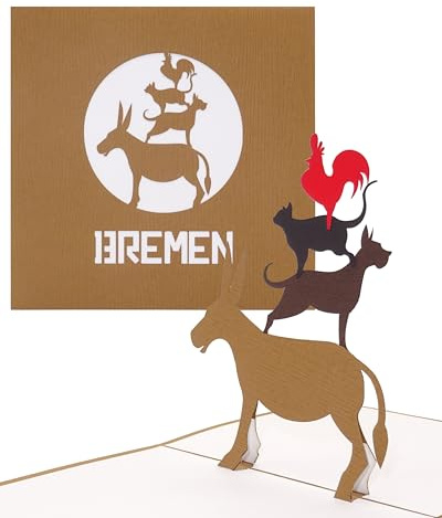 Pop Up Karte „Bremen - Bremer Stadtmusikanten“ - 3D Grußkarte als Souvenir, Geschenk, Geburtstagskarte, Einladungskarte & Gutschein zum Städtetrip nach Bremen