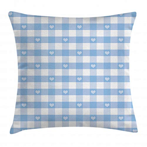 ABAKUHAUS Kariert Kissenbezug, Gingham mit Herzen, Dekorative Kopfkissenhülle mit Beidseitigem Druck Reißverschluß Waschbar, 40 x 40 cm, Weiß Blau