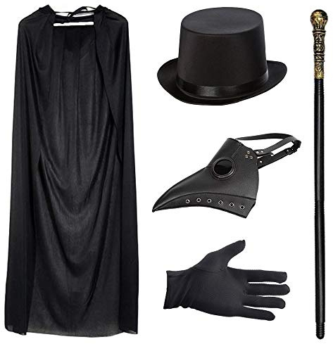 Costume con maschera da medico della peste in pelle in stile rétro, con cappello nero, bastone da re, mantello nero con cappuccio, guanti neri, costume per Halloween