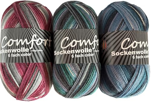 Comfort Wolle 6-fädige Sockenwolle, Strumpfwolle, Farbe Jeansfarben, 3 x 150 g Knaul, 375 m Länge, dicke Wolle für besonders warme Socken, dezentes Muster direkt aus der Knaul, Farbset Set 1