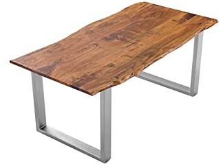 SAM Esszimmertisch 160x85 cm Laurina, Baumkantentisch aus Akazienholz, massiv + nougatfarben, U-Metallgestell Silber, Esstisch mit echter Baumkante