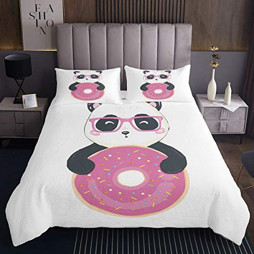 Set di coperte con panda da ragazza con motivo a forma di panda e ciambelle per animali trapuntate con motivo a panda e orsetti stampati trapuntati ultra morbidi per la stanza bianca170X230cm