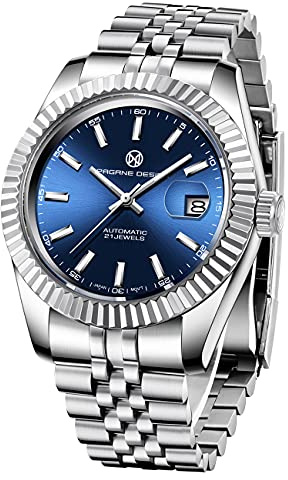 PAGRNE DESIGN Herrenuhren Automatische Armbanduhr Kratzfestes Synthetisches Saphirglas mit Datumsanzeige Edelstahl NH35A mechanische Herrenuhr（1645 Silber Blau）