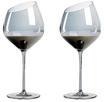 Cicano Set mit 2 Kristall-Weingläsern, schräg, bleifrei, Stielgläser, langer Griff, für Champagner, Zuhause, Bar, Party, Grau, 014