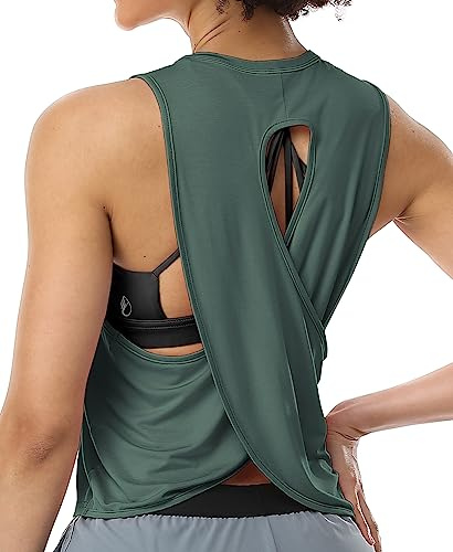 icyzone Damen Sport Tank Tops Cross Back Yoga Shirt Gym Training Locker Shirt Fitness Oberteile (M, Sea Pine)