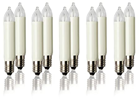 Hellum Ersatz-Kerzen für Schwibbogen, 10 Stück 16V 3W Schaftkerze für Weihnachtsbaum Kerzen Lichterketten innen und außen mit 15 & 16 Brennstellen,Birnen für Lichterbogen E10/ 16V/ 3W/ 22 Lumen 934045