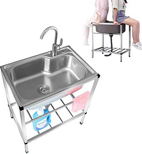 WORDFUN Freistehende Edelstahl Spültisch, Küchenspüle, Camping Waschbecken, Spülbecken Mit Armatur, Outdoor Küchenschrank, Außenbereich Spülbecken, Standwaschbecken