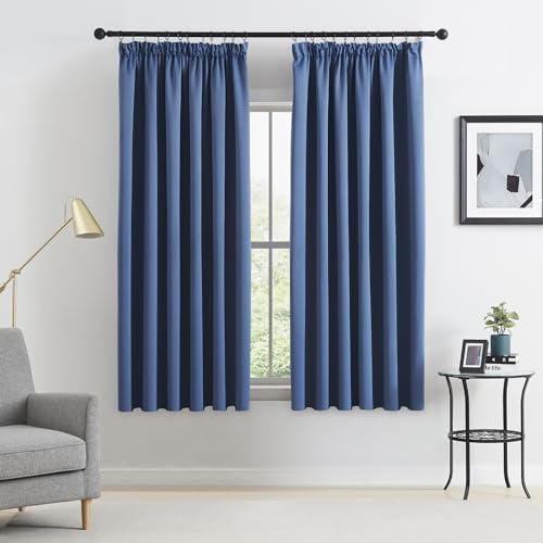 Beauoop Pencil Pleat Blackout Curtains for Bedroom 54 inch Drop Navy Blue Curtains for Living Room Rod Pocket Light Blocking Thermal Insulated Drapes Window Treatment 2 Panels, W66 x L54