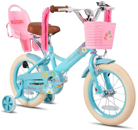 JOYSTAR Little Miss 14 Inch Kids Bike for 3-5 Years Girls Princess 14 Inch Bike with Training Wheels Doll Seat Basket Streamer Toddler Kids Bicycles Blue