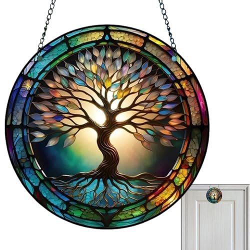Qurygin Panneau de vitrail à Suspendre, Arbre d'ornement de fenêtre, Arbre de Vie Acrylique/Libellule/Papillon coloré Suncatcher, Tentures de vitraux, Attrape-Soleil de Jardin pour décoration Murale
