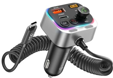 Syncwire Bluetooth 5.4 FM Transmitter Car Adapter, 66W PD QC 3.0 Fast Charge Car Charger with USB-C Coiled Cable, Wireless FM Radio Adapter, Strong Mics, Bass HiFi Sound, Hands-free Call, Light Switch