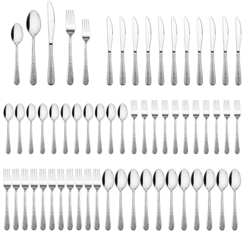 Joyfair Besteck Set 12 Personen, 60-teiliges Edelstahl Gehämmertes Besteckset mit Messer Gabel Löffel, Elegantes Essbesteck für Haus/Party/Restaurant, Hochglanzpoliert & Spülmaschinenfest