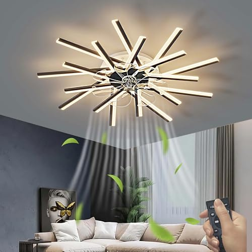 Inteligente Ventilador Techo Con Luz Motor De Reversible Moderno Regulable Ceiling Fan with Light Gran Plafón Ventilador Techo Para Dormitorio Fan Light Y Mando a Distancia Silencioso-Black||92cm